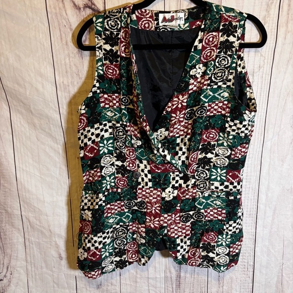 Vintage Tops - Vintage 80s Geometric Colorful Patchwork Vneck Sleeveless Vest Top Large